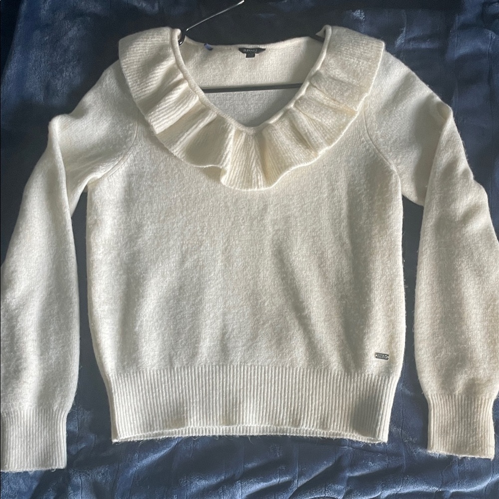 Cream Ruffled V-Neck Sweater